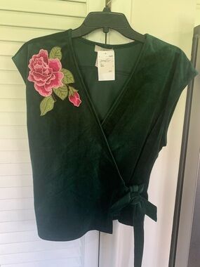 Velvet Wrap Top with Pink Floral Appliqué - Dark Green